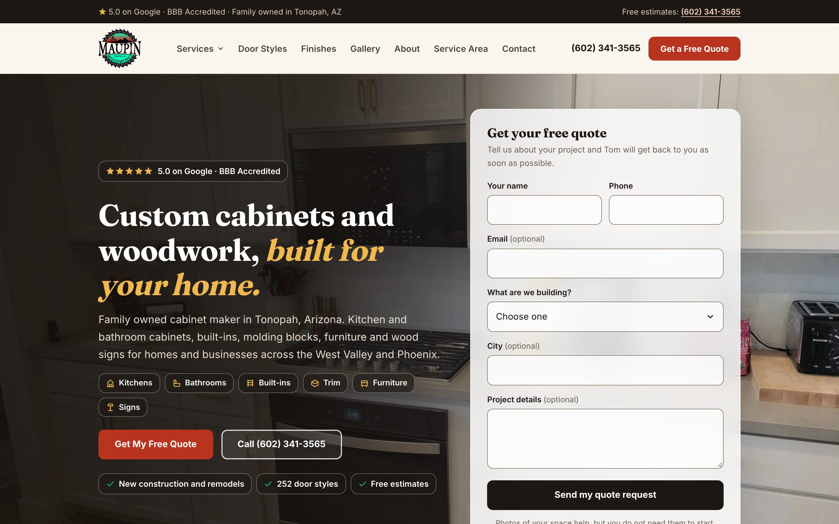 The new Maupin Woodworks home page on desktop