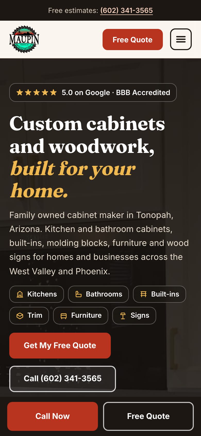 The new Maupin Woodworks home page on a phone